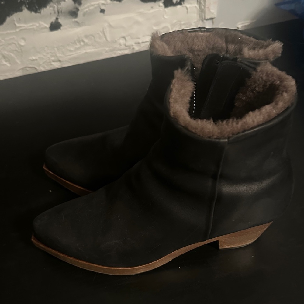 Leather Black Ankle Booties with Faux Fur and Wood Sole